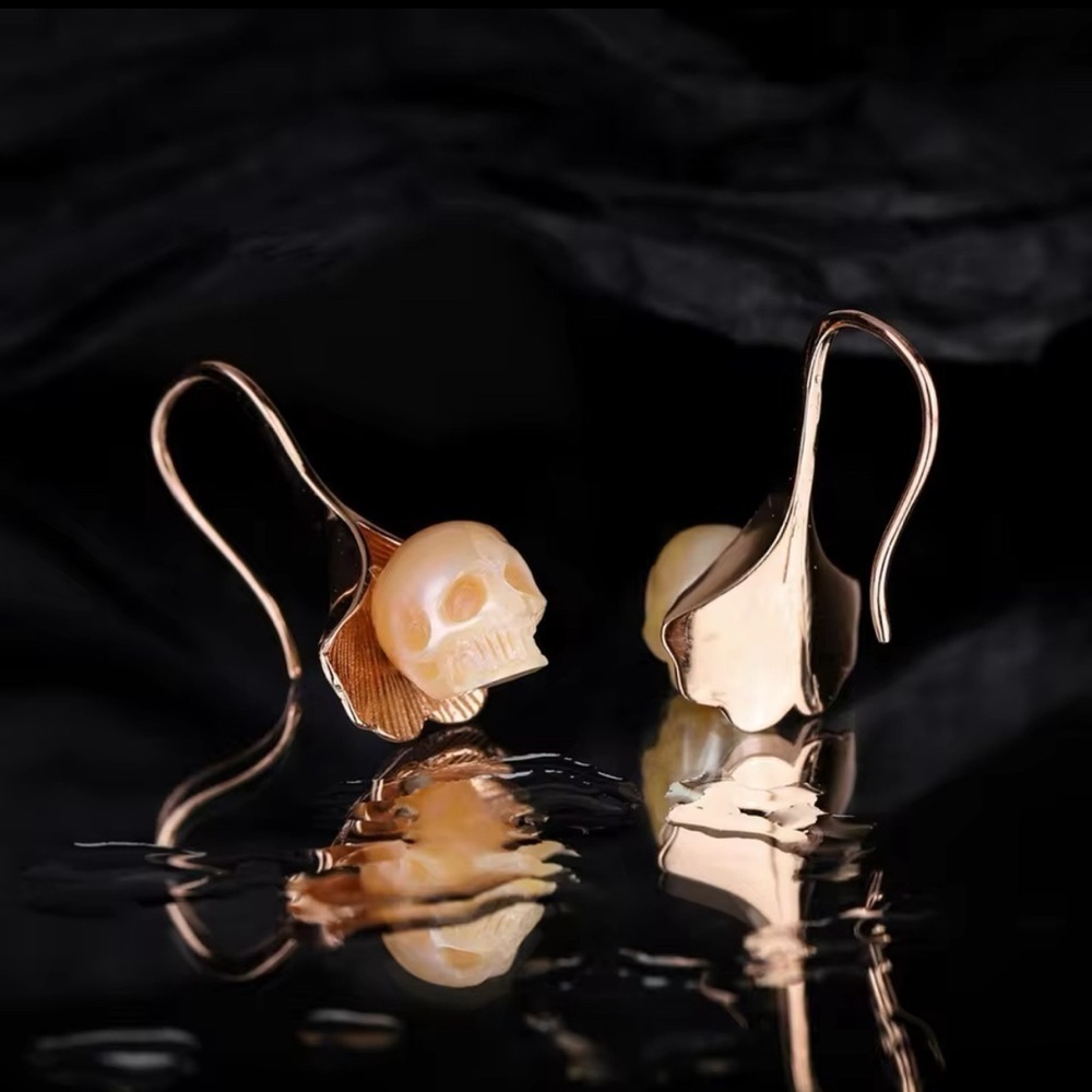 3 For $35 Hand Carved Skull On Copper Leaf Hook Dangle Earrings - Picture 2 of 7